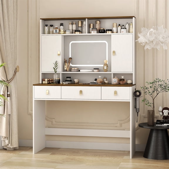 Hommoo Farmhouse Makeup Vanity Table with Lighted Mirror and Makeup Drawer, 43" Wide Dressing Table with Hair Dryer Holder for Bedroom, White &Brown