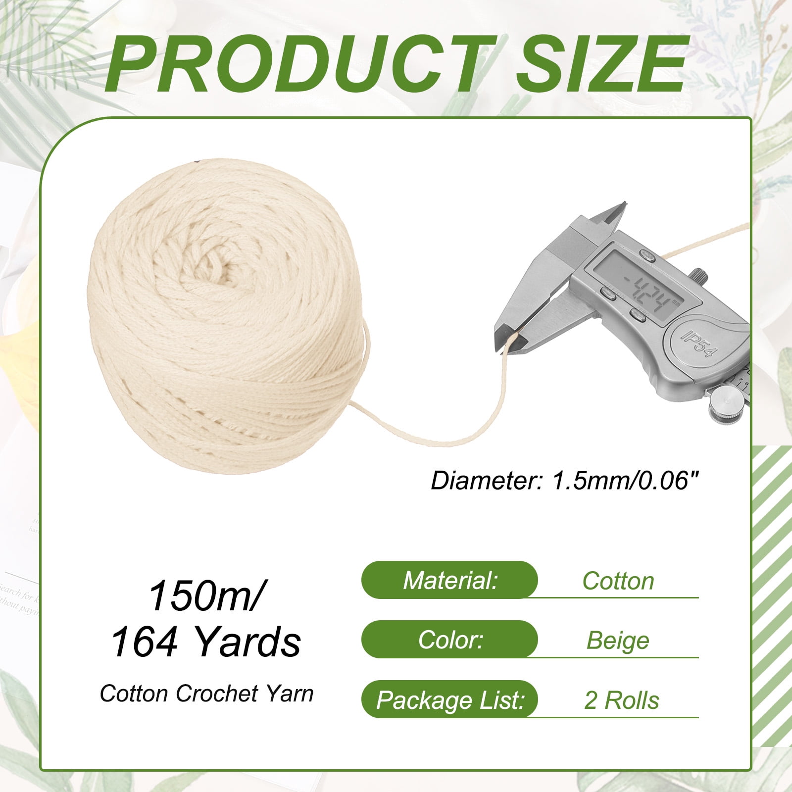 Uxcell 2 Roll Cotton Crochet Yarn, 1.5mm x 164 Yards Macrame Cord Braided Cotton Rope Twine String for Crochet Bag Knitting Crafts Wall Plant Hanging Gift Wrapping, Beige