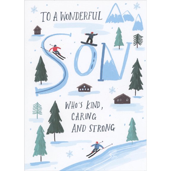 RSVP Skiers and Snowboarders: Kind, Caring and Strong Christmas Card for Son