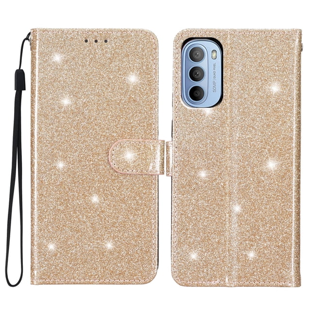 Compatible avec Motorola Moto G82/ G52 Étui Portefeuille Pailleté avec Poche pour Carte et Couverture Rabattable