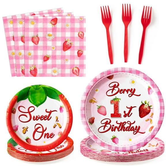 Haooryx Strawberry Party Tableware Set Includes Plastic Forks Paper Plates Napkins for Girls Birthday Parties/Baby Showers, 96 Pieces