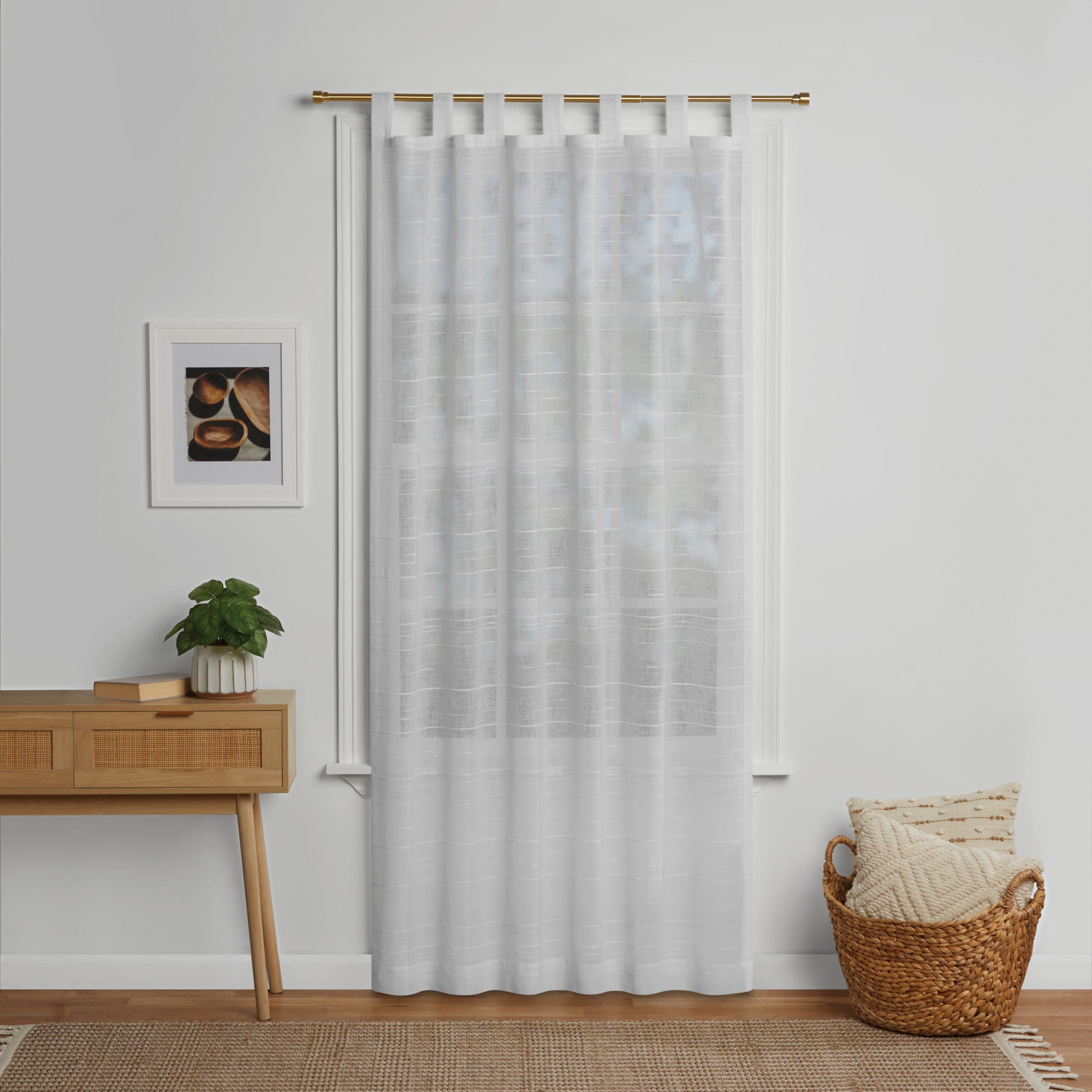 Mainstays Woven Stripe Arctic White Sheer Tab Top Single Curtain Panel, 50" W x 84'L
