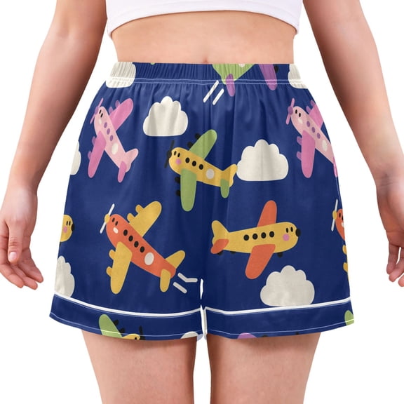 Airplane Dark Pattern Women's Pajama Shorts Silky Satin Casual Lounge Sleep Zero Pressure
