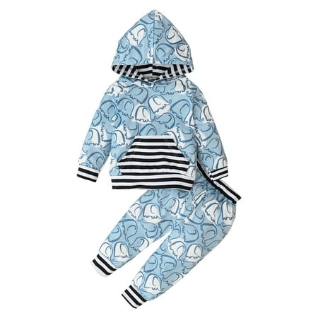 

Kucnuzki 6 Months Baby Boy Winter Outfits Pants Sets 9 Months Long Sleeve Elephant Prints Hooded Tops Elastic Pants 2PCS Set Blue