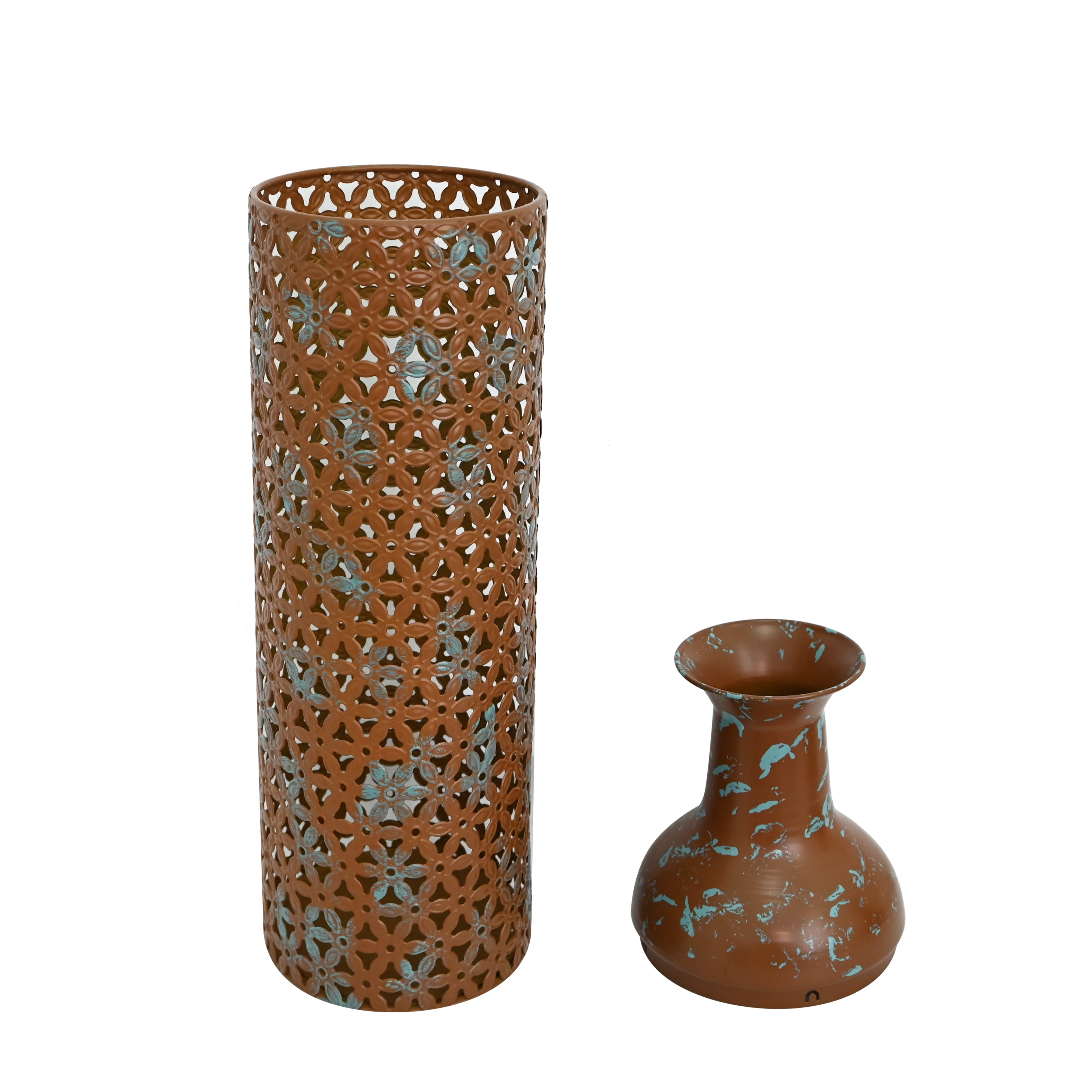 Metal Floor Vases Set of 3 with Leaf Pattern, Tall Decorative Vases and Home Decor Accents for Living Room Entryway, Rustic Brown