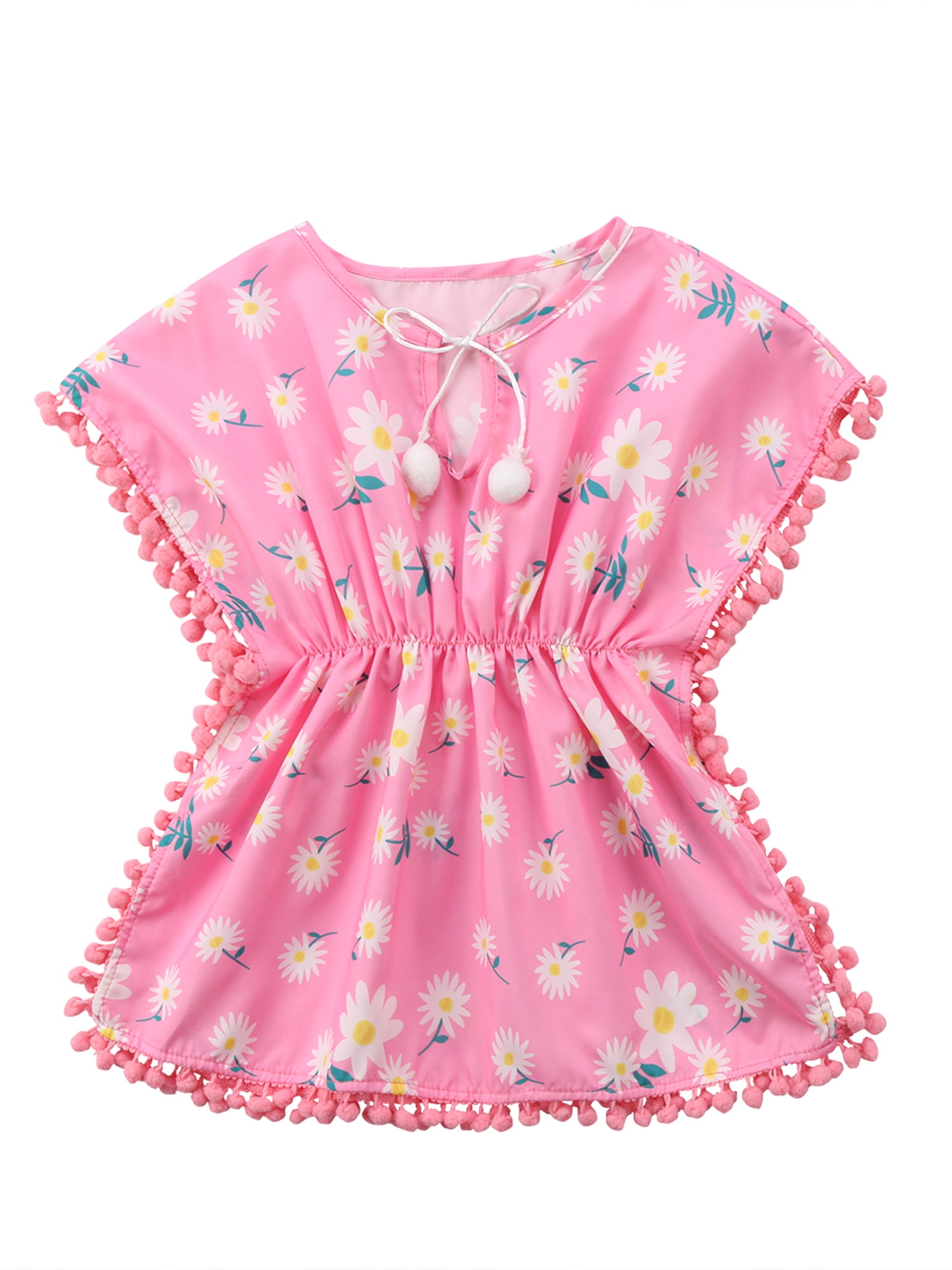 Ma&Baby Baby Girls Beach Dress Flower Print Tassel Pompom Swimsuit Cover Up