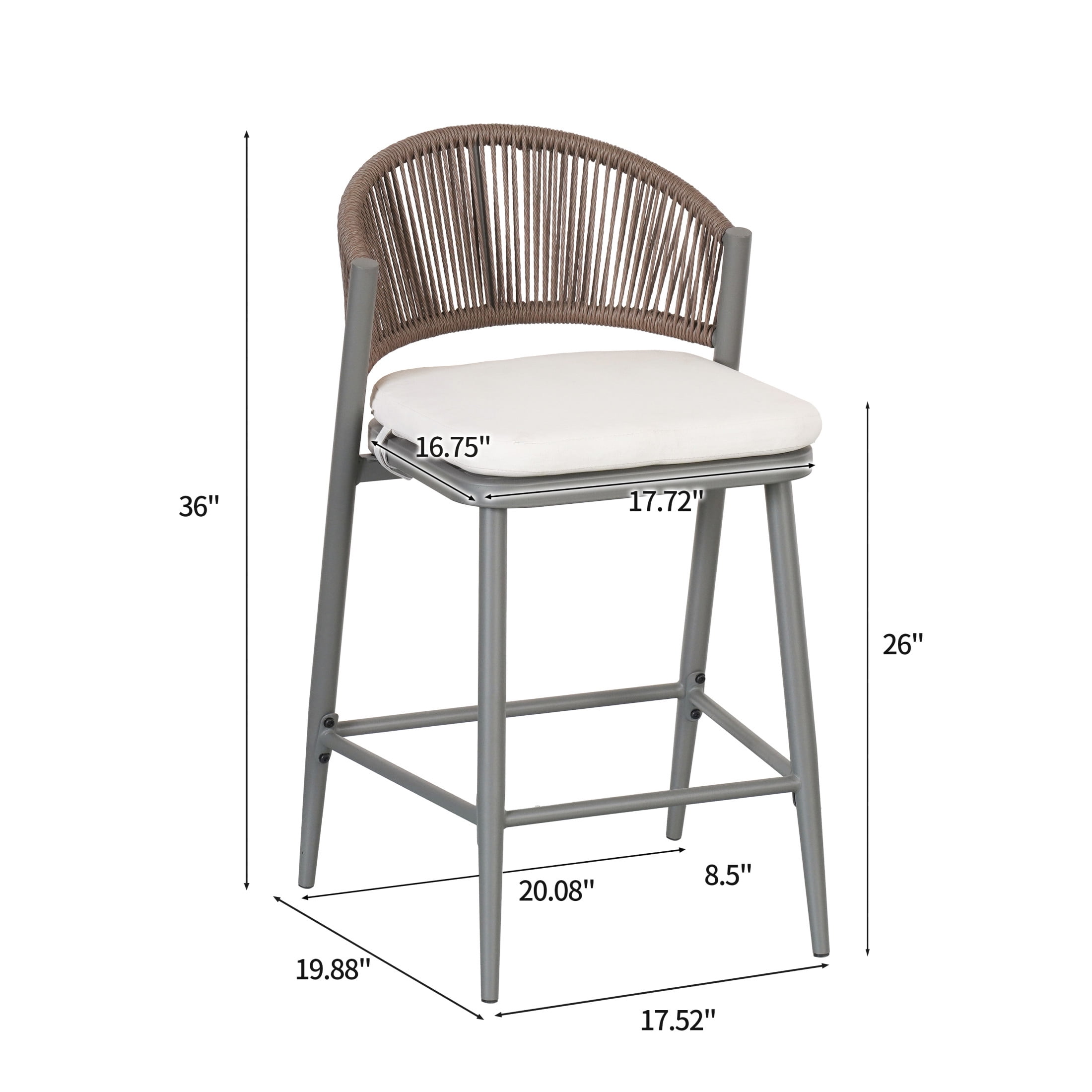 Amara Modern Outdoor Patio 26"H Counter Stools with Wicker Backrest, Iron Frame, Water-Resistant Cushion, Matte Grey, Set of 4