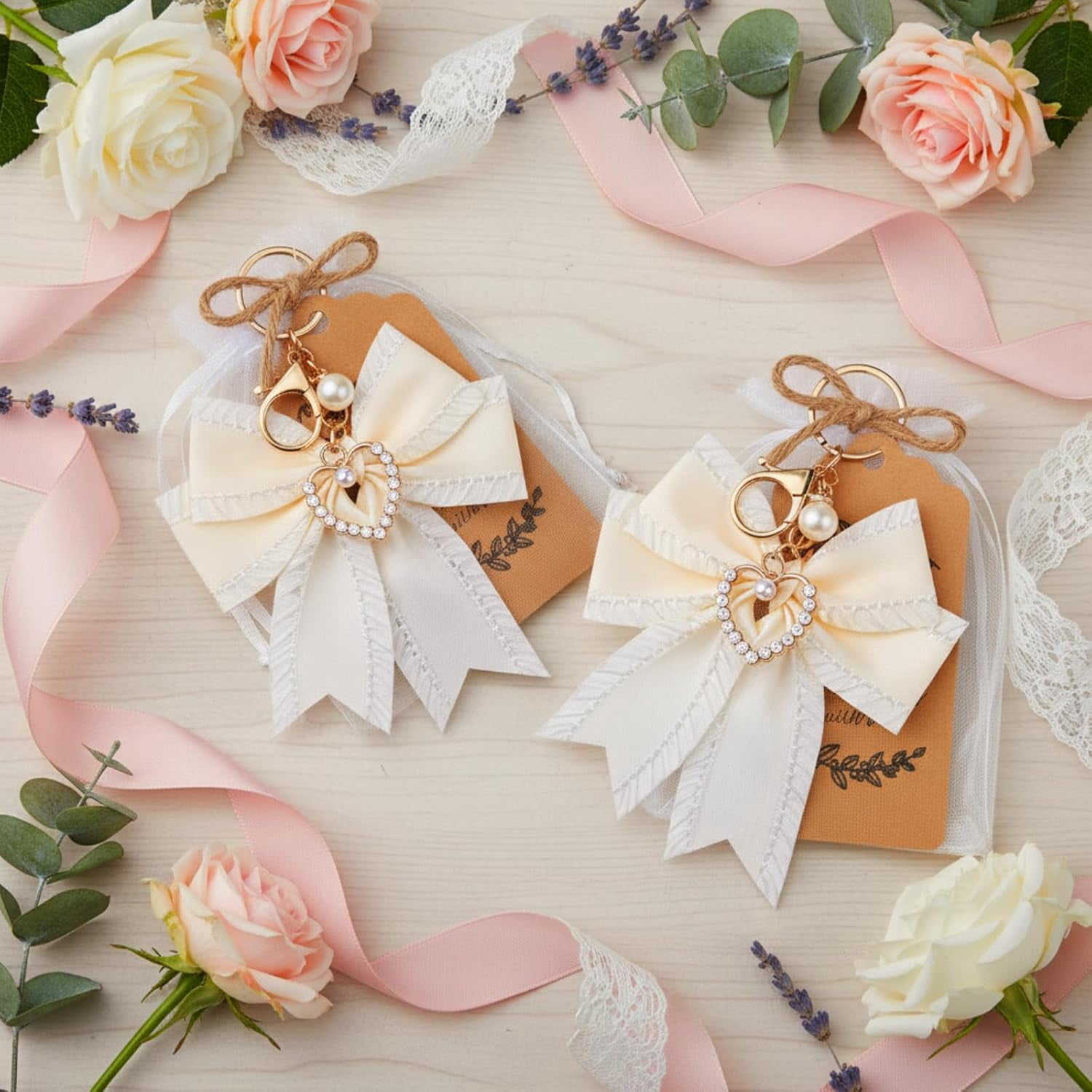 20 Set Pearl Bow Keychain Party Favor Bulk Steel Keyring Charm Accessories Souvenir Present Kraft Tag Organza Bag for Guest Baptism Bridal Shower Valentine Coquette Wedding Gift(White)