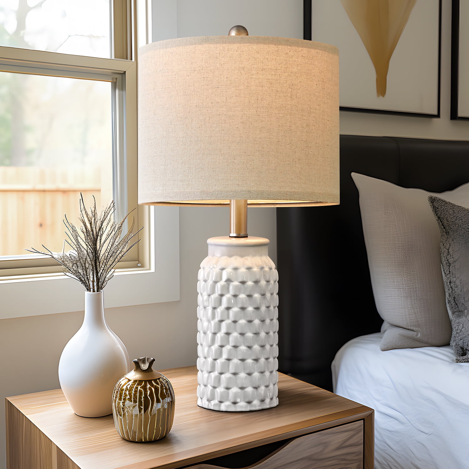 Oneach Modern White Table Lamp Set of 2 for Bedroom Living Room 20.5" Ceramic Bedside Nightstand Lamps with Linen Drum Shade