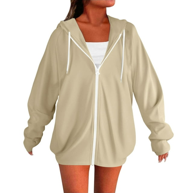 Jindong Zip Up Jackets for Women Fall Basic Lightweight Sweatshirt Print Long Sleeve Shirts Drawstring Full Zip Hoodies