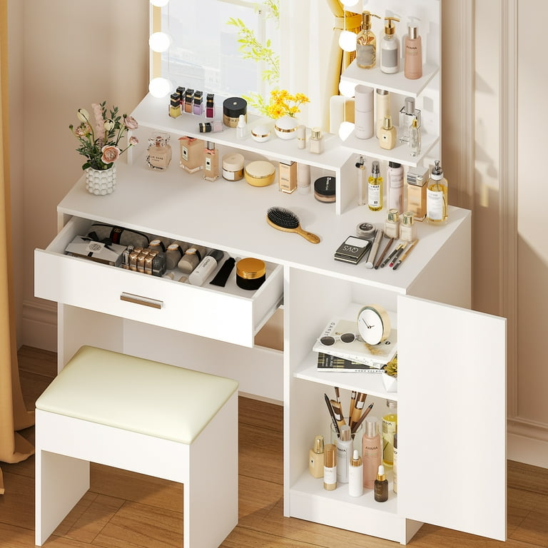 Ktaxon Vanity Set, White Dressing Table with 3-Color Lighted