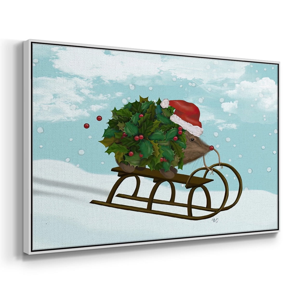 Christmas Holly Hedgehog Sledding - Framed Gallery Wrapped Holiday Canvas - 17 x 25 - White Frame