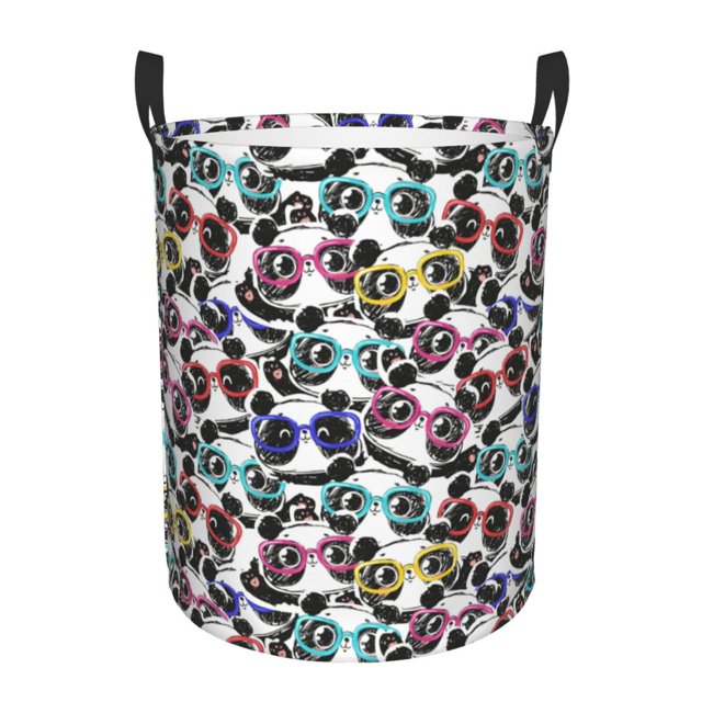 Balery Panda And Glasses Cesta de ropa redonda con asas, impermeable, independiente, para ropa, juguetes, dormitorio y familia-Small
