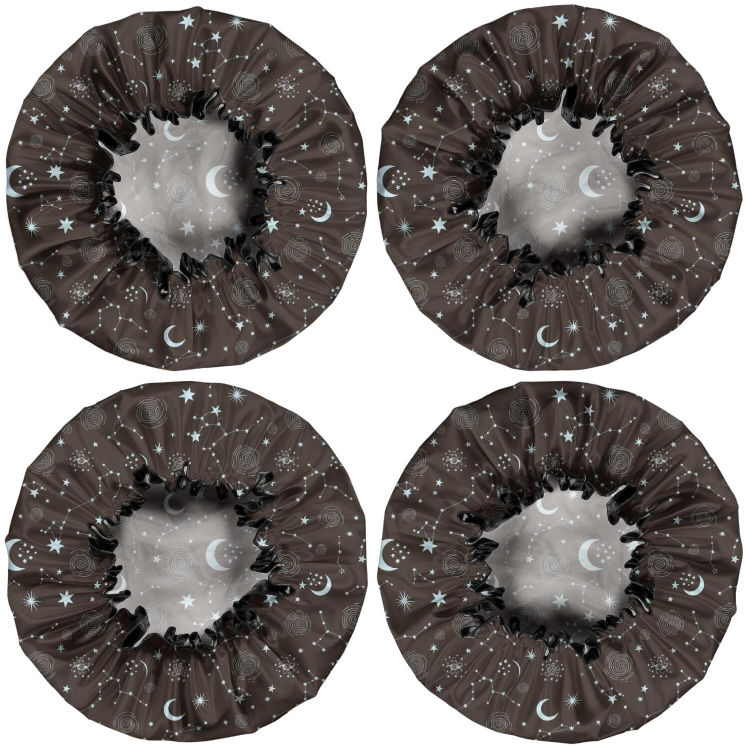 Shower Caps,Brown Star Moon Constellation Pattern Waterproof Shower Cap for Women 4 Pieces,Double Reusable Hair Cover for Shower PEVA Elastic Stretch Hem