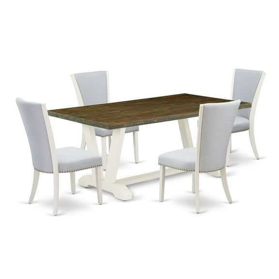 East West Furniture 5-Piece Kitchen Table Set Consists of 4 Dining Chairs with Upholstered Seat and Stylish Back-Rectangular Breakfast Table - Distressed Jacobean and Wirebrushed Linen White Finish