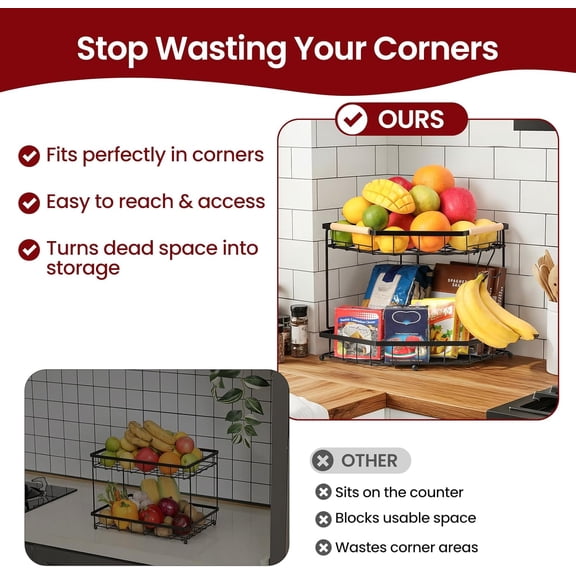 PYYAN-2 Tier Corner Fruit Basket for Kitchen Counter with Banana Hangers, Detachable Fruit Bowl with Wooden Handle, Metal Corner Rack for Fruit and Vegetable Storage, Kitchen Countertop Organizer