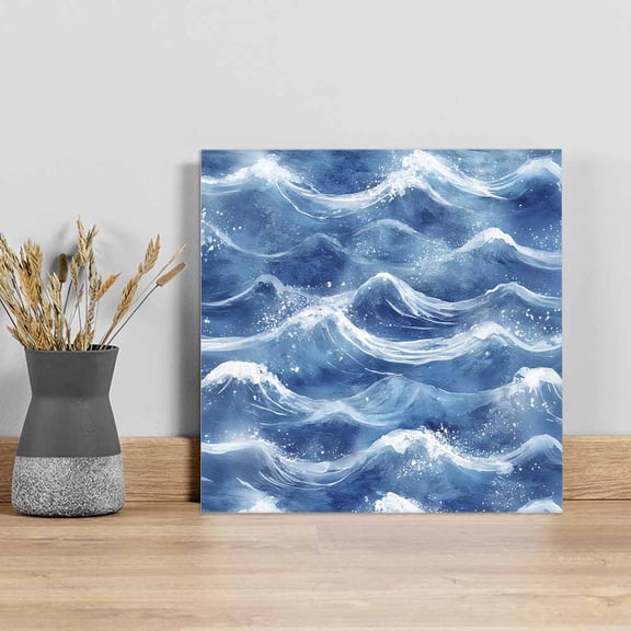 Coastal Waves Wall Art Painting on Canvas, Summer Beach Ocean Nautical Watercolor Canvas Art Home Prints Wall Art Framed Modern Artwork for Living Room Bedroom Wall Decor 8x8in