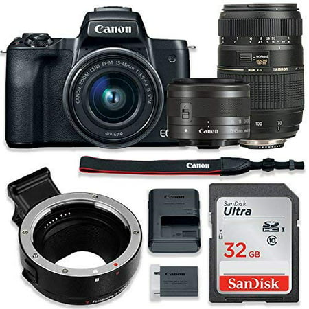 Canon EOS M50 Mirrorless Digital Camera (Black) Bundle w/Canon EF-M 15-45mm IS STM & Tamron 70-300mm Di LD Lenses + Auto (EF/EF-S to EF-M) Mount Adapter + Basic Camera