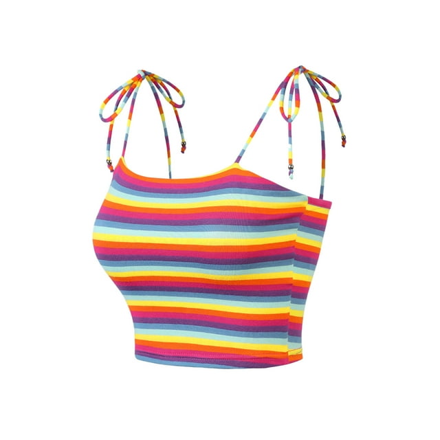 INSPIRE CHIC Camisole Tube d'Été à Bretelles Spaghetti à Nouer à Rayures Arc-en-Ciel pour Femmes