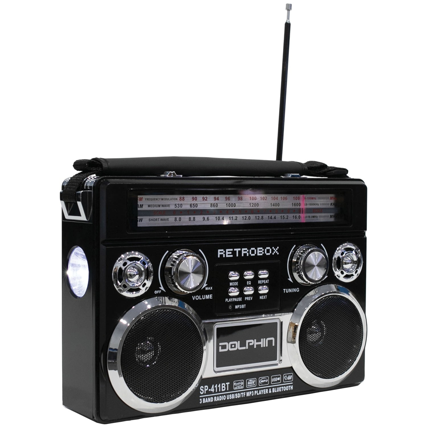 Dolphin SP-411BT Retro Bluetooth Radio with AM/FM/SW, Rechargeable Battery, USB, SD, AUX, Telescoping Antenna, Leather Handle–Speaker with Vintage Design, Black