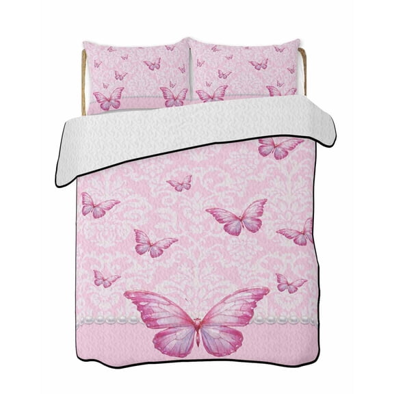 Quilts Twin Size Bedding Set, Pink Floral Butterflies Lightweight Quilted Comforter, Abstract Art Vintage Botanical Soft Reversible Bedspread Coverlet with Pillow Covers for All Season, 68" x 86"