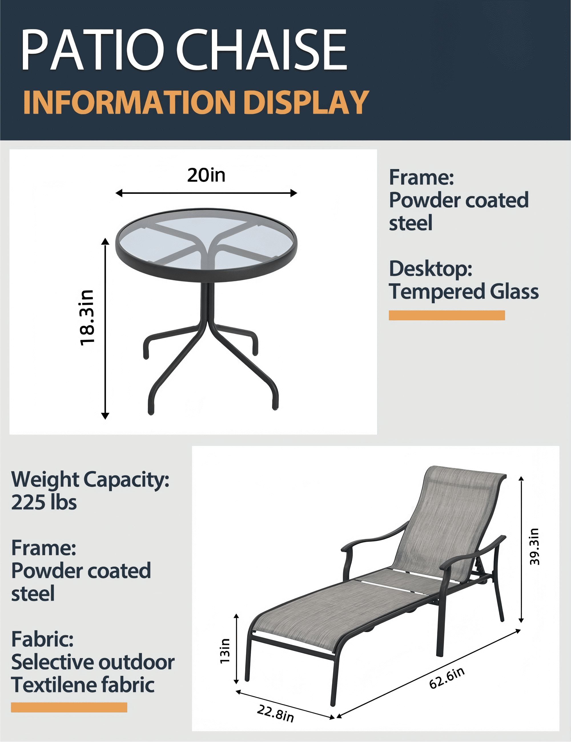 Patio Chaise Lounge Set 3 Piece Outdoor Lounge Chairs with Table Adjustable Pool Lounge Chair Textilene Fabric for Patio Backyard Poolside, Gray