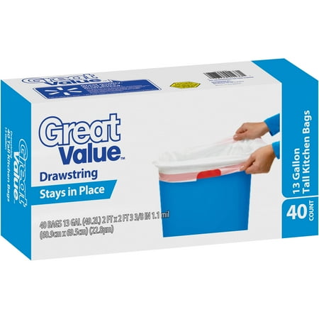 Great Value Stays in Place Drawstring Tall Kitchen Bags, 13 gal, 40 count