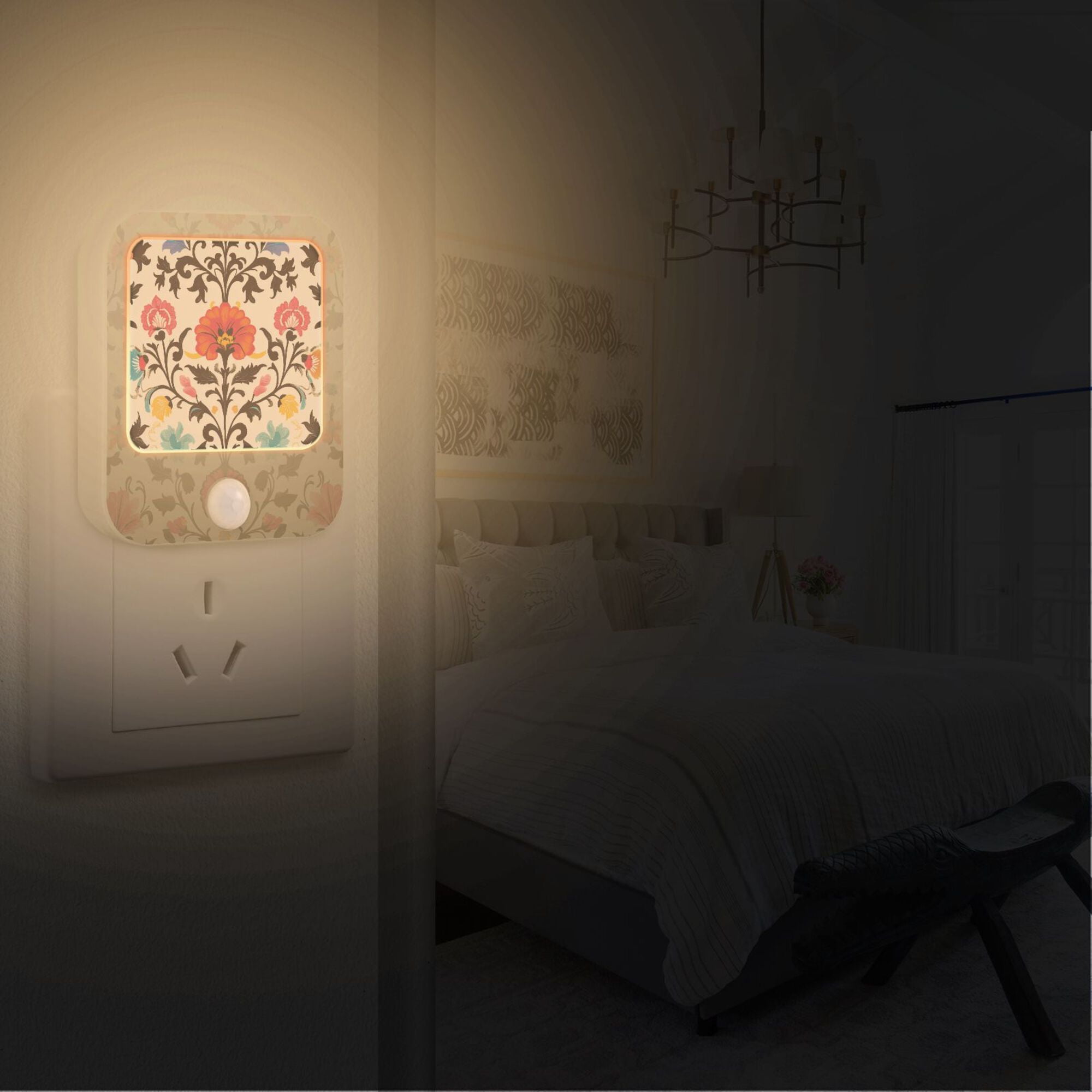 Yayeee LED Night Lights with Motion Detectors Auto Dusk to Dawn Light Sensors, 2 Pack, Beige Red Floral