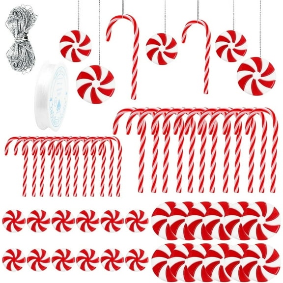 Topboutique Candy Cane Christmas Tree Decorations 48 Pcs Plastic Peppermint Candy Cane Ornaments,Xmas Hanging Ornaments Candy Lollipop Craft Christmas Ornaments with Silver Cord for Home Decor