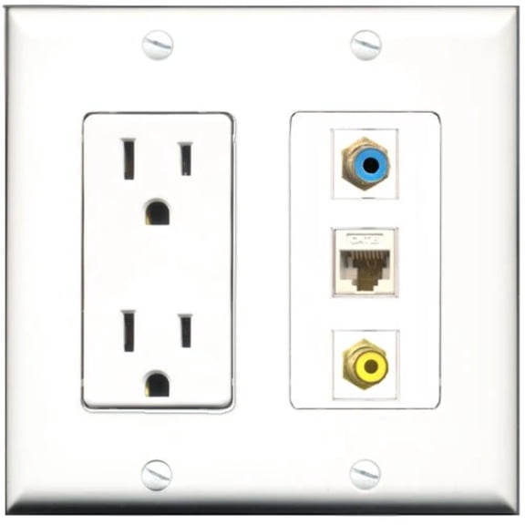 RiteAV - 15 Amp Power Outlet 1 Port RCA Yellow 1 Port RCA Blue 1 Port Cat6 Ethernet Ethernet White Decorative Wall Plate