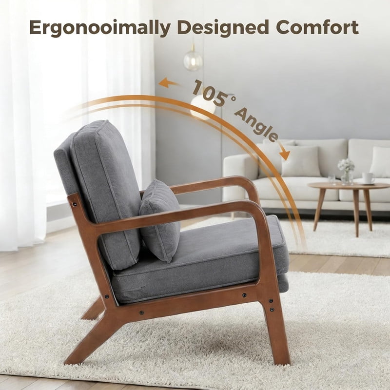 Simple Deluxe Accent Chair with Arms and Waist Pillow, Mid Century Modern Lounge Chair with Solid Wood Frame for Living Room, Bedroom, Gray