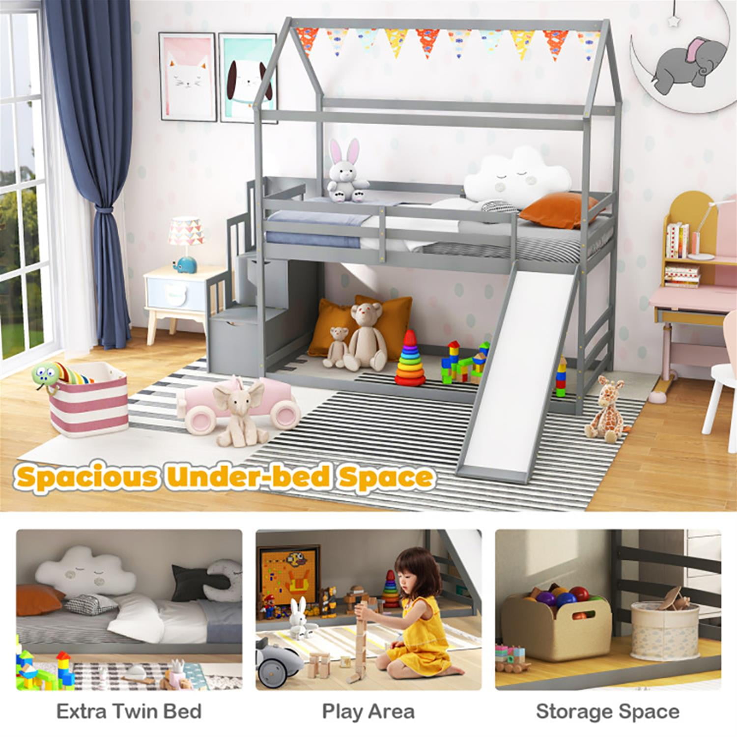 Demi Bonn Twin Over Twin Bunk Bed with Slide and 2-Step Storage Staircase, Solid Wood Loft Bed with Ladder and Full-length Guardrails, Gray