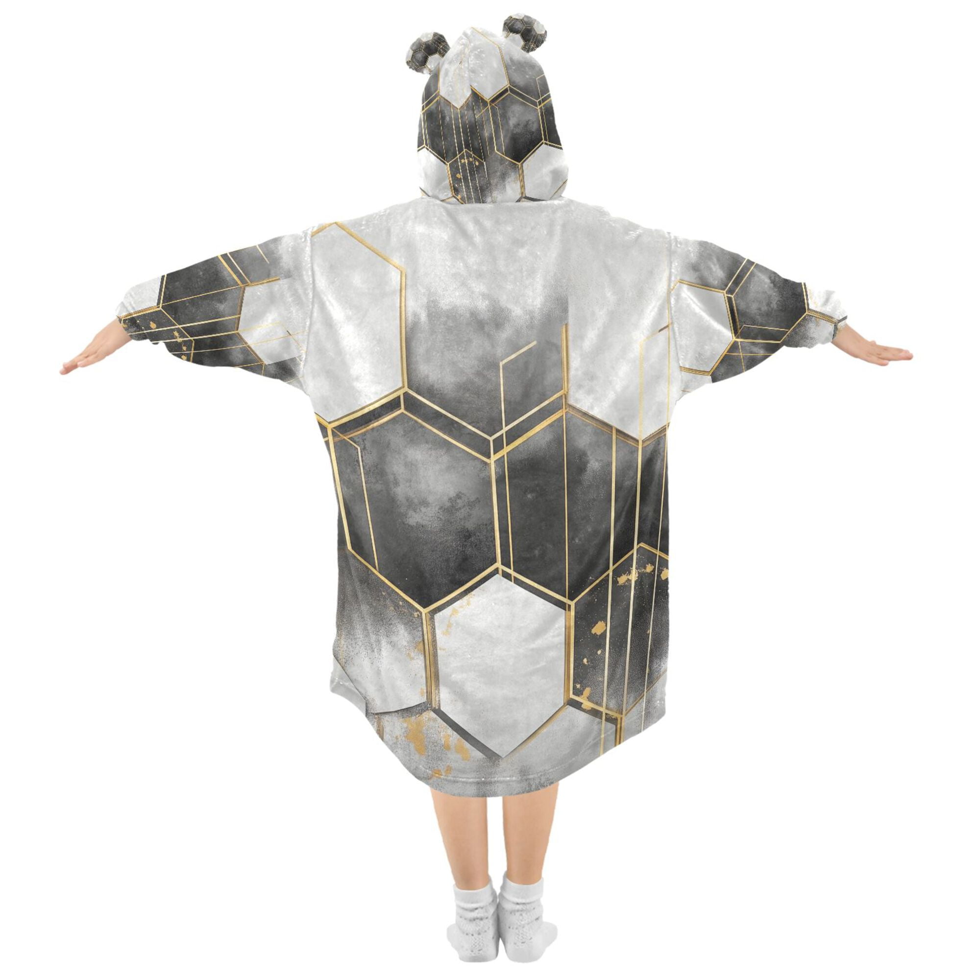 FORMRS Wearable Blanket Hoodie with Sleeves for Kids Cozy Flannel Sweatshirt, Gray Hexagons