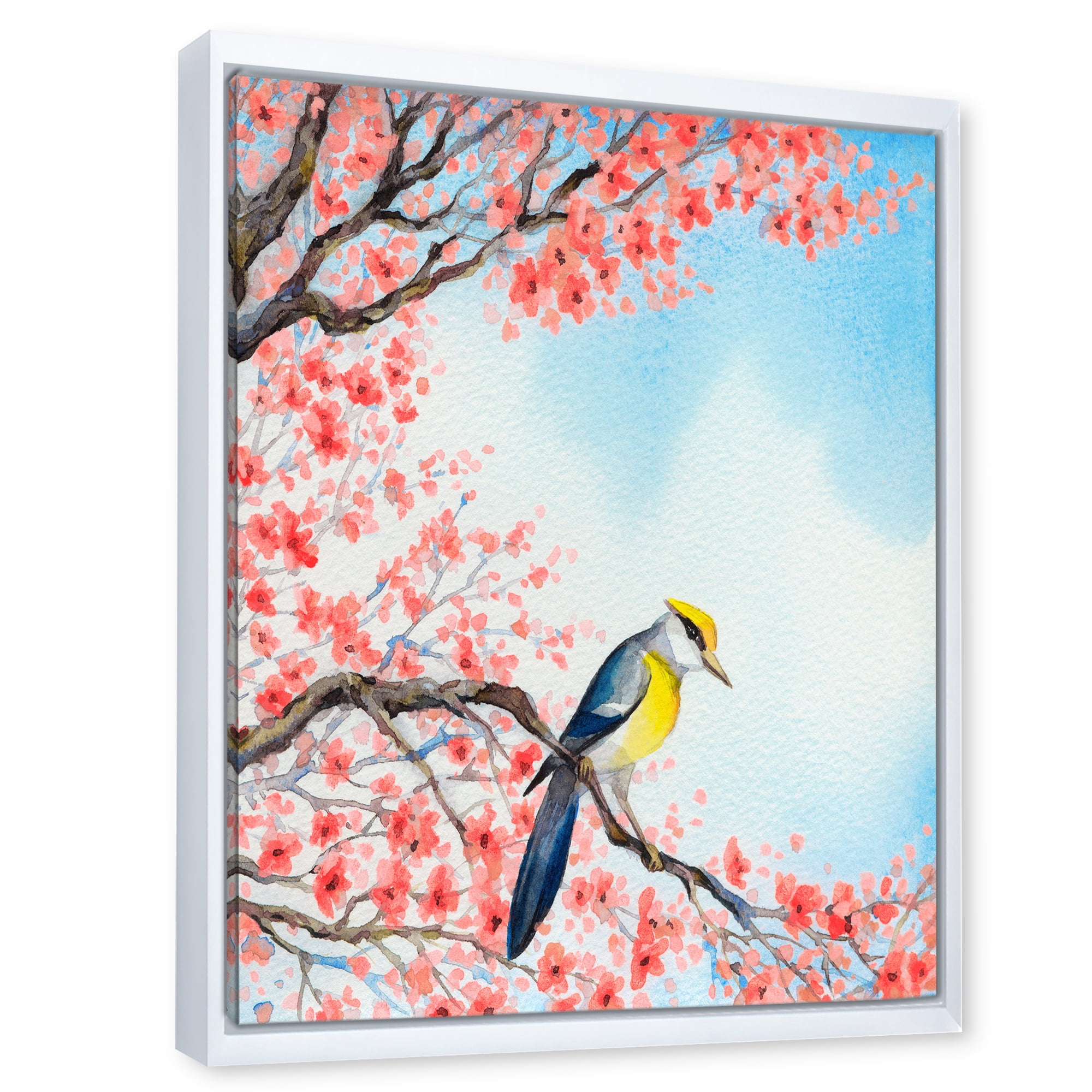 Designart 'Beautiful Red Bird Sitting On Flowering Branch I' Traditional Framed Canvas Wall Art Print
