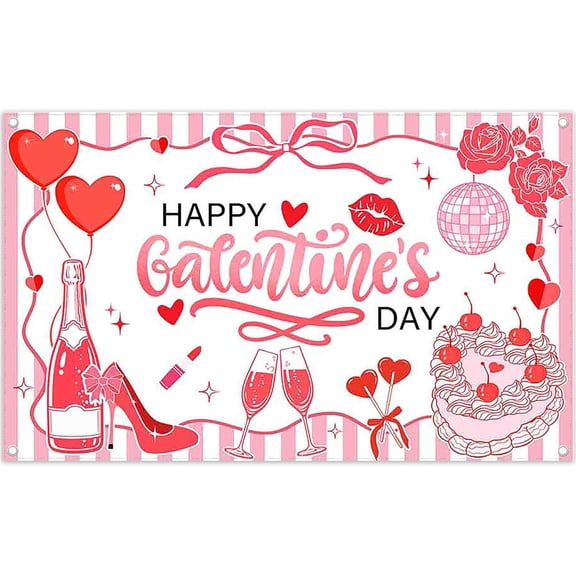 5.9x3.6FT Pink Happy Galentine's Day Backdrop Cake Love Heart Balloon Bow Flower Photography Background Girls Romantic Party Decorations Banner Supplies Photo Booth Props