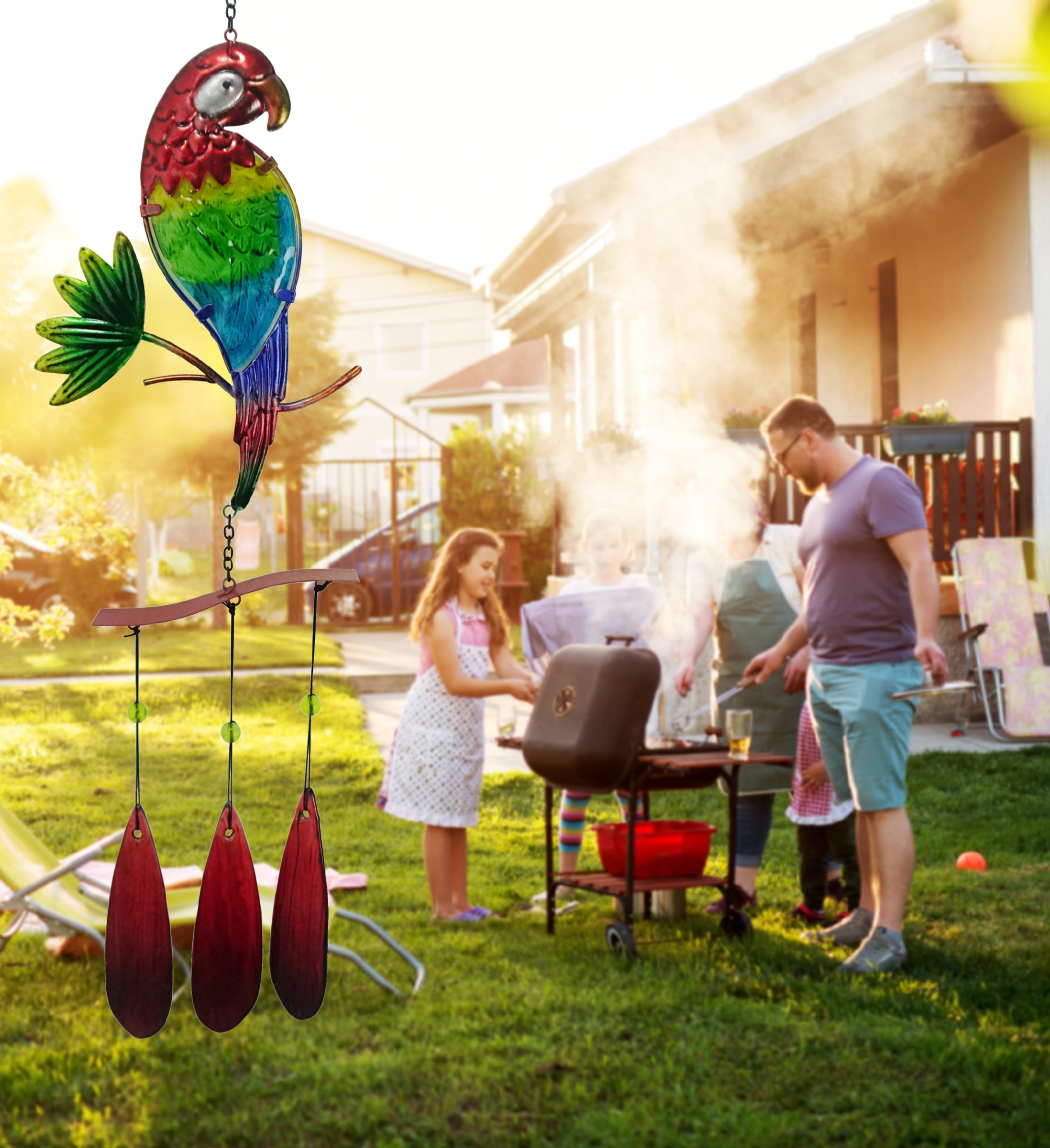CoTa Global Parrot Wind Chime - Handmade Glass & Metal Chime - Tropical Bird Hanging Decor - Colorful Home Decor Gift, Indoor and Outdoor Hanging Decoration For Porch, Patio, and Garden - 32.7 Inch