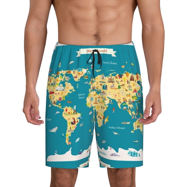 Balery World Map With Landmarks Pantalones cortos de pijama de punto de algodón para hombre con cinturilla y bolsillos-Large