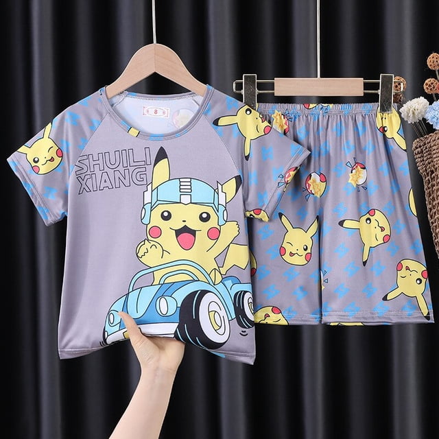 Pikachu-Conjunto de pijamas de dibujos animados para niños y niñas, ropa de dormir de manga corta, de verano qym unisex