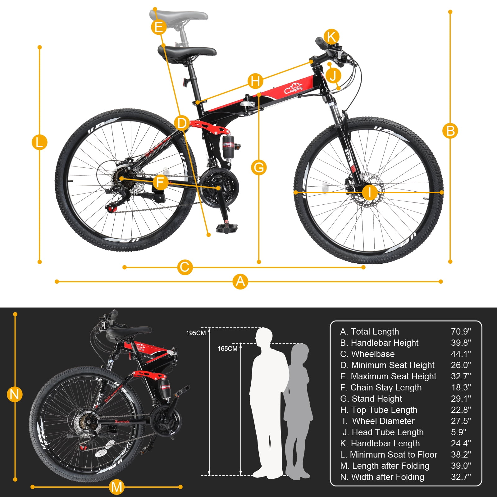 UBesGoo 27.5in Folding Mountain Bike Shimano 21-Speed with Disc Brakes, Red&Black