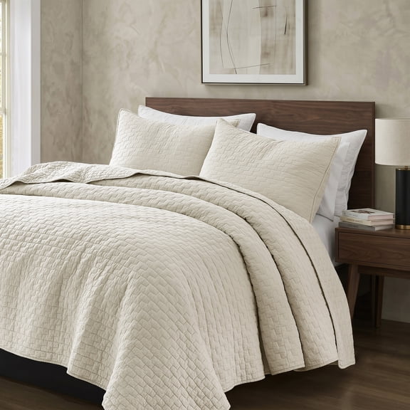 WDCOZY Beige 100% Cotton Quilt Set Queen Size, Textured Lightweight Soft Bedspread with 2 Pillow Shams, Breathable All Season Comforter Bedding