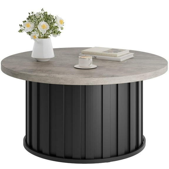 Juiluna Round Coffee Table, Mid Century Modern Coffee Table with Metal Base, 31.9" Fluted Center Table for Living Room, Home Small Space, Apartment (Grey)