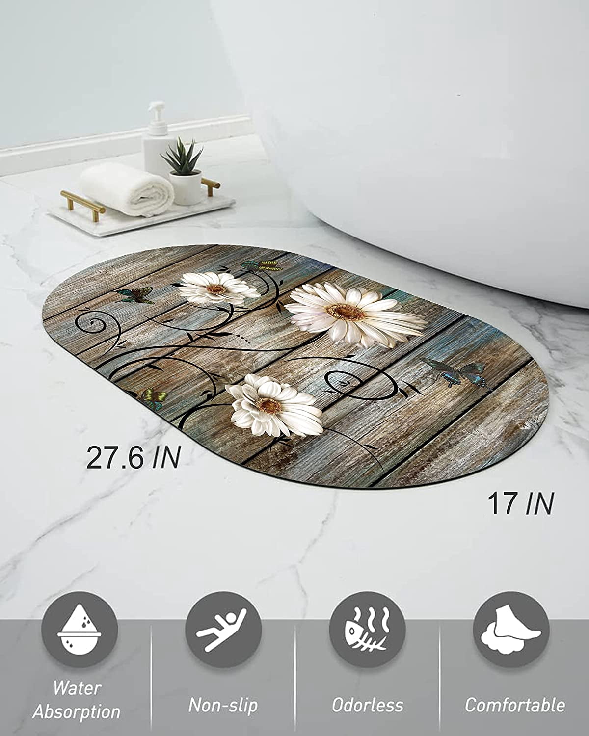 Supretrozo Rustic Daisy Bathroom Rug Mat Non Slip Floor Mat Diatomaceous Earth Bath Mat Water Absorbent Rug Diatom Mud Mat for Indoor and Outdoor(Oval,27.6×17 inch)