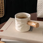 Ceramic Measuring Cup Milk Pot, Graduated Espresso Extraction Vessel with Wood Handle for Kitchen Beverage Serving and Ingredient Mixing, Topliu