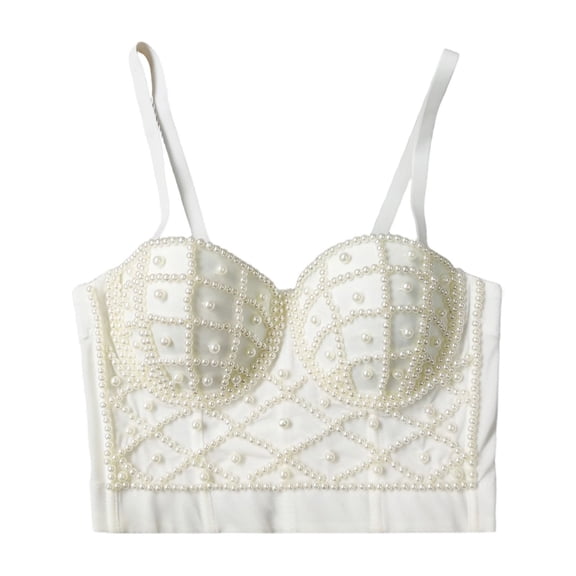 Jane Wardrobe Women's Pearl Beaded Cami Top, White Corset Style Bustier with,34B-42D