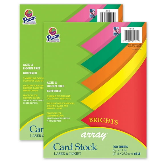 Pacon Bright Card Stock, 5 Assorted Colors, 8-1/2" x 11", 100 Sheets Per Pack, 2 Packs