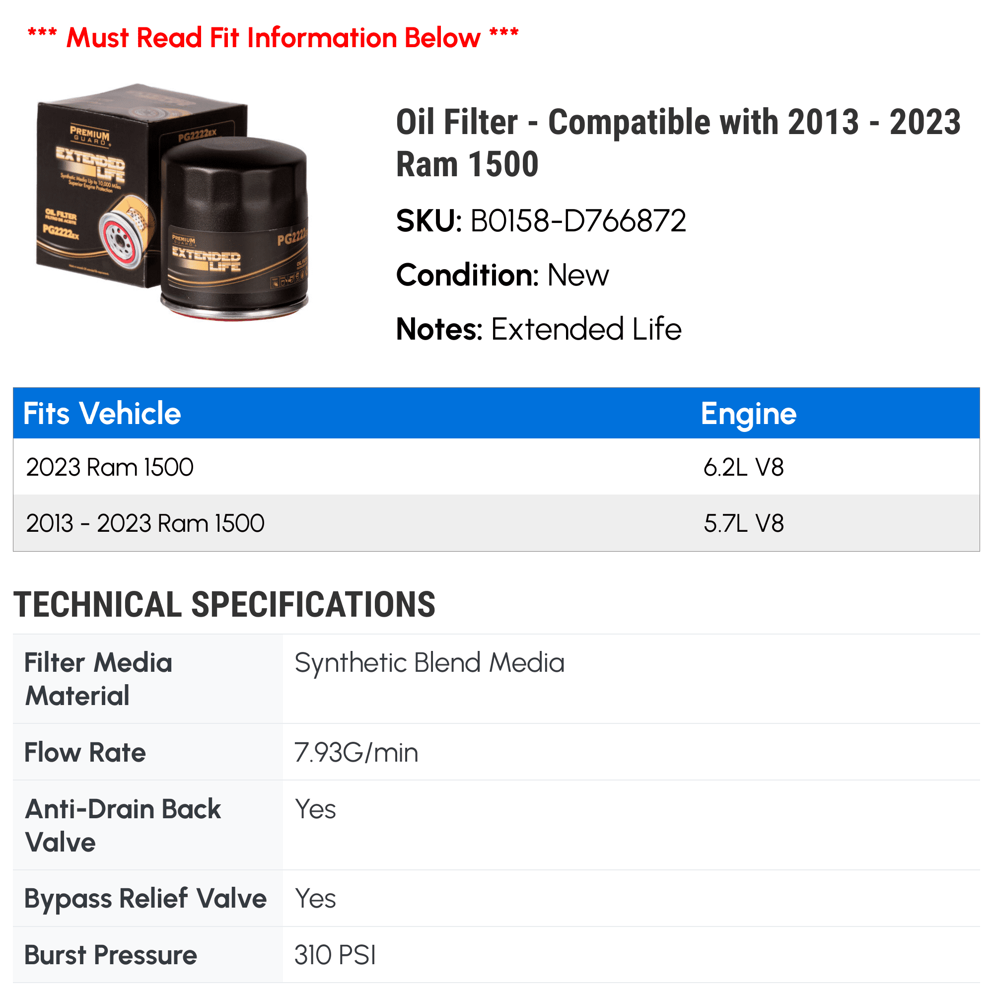 Oil Filter - Compatible with 2013 - 2023 Ram 1500 2014 2015 2016 2017 2018 2019 2020 2021 2022