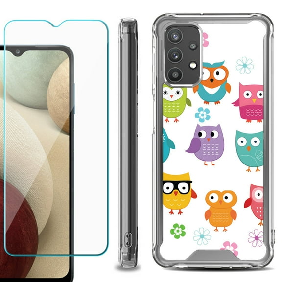 Shockproof Bumper Phone Case for Samsung Galaxy A32 5G, with Tempered Glass Screen Protector, by OneToughShield ® - Happy Owl