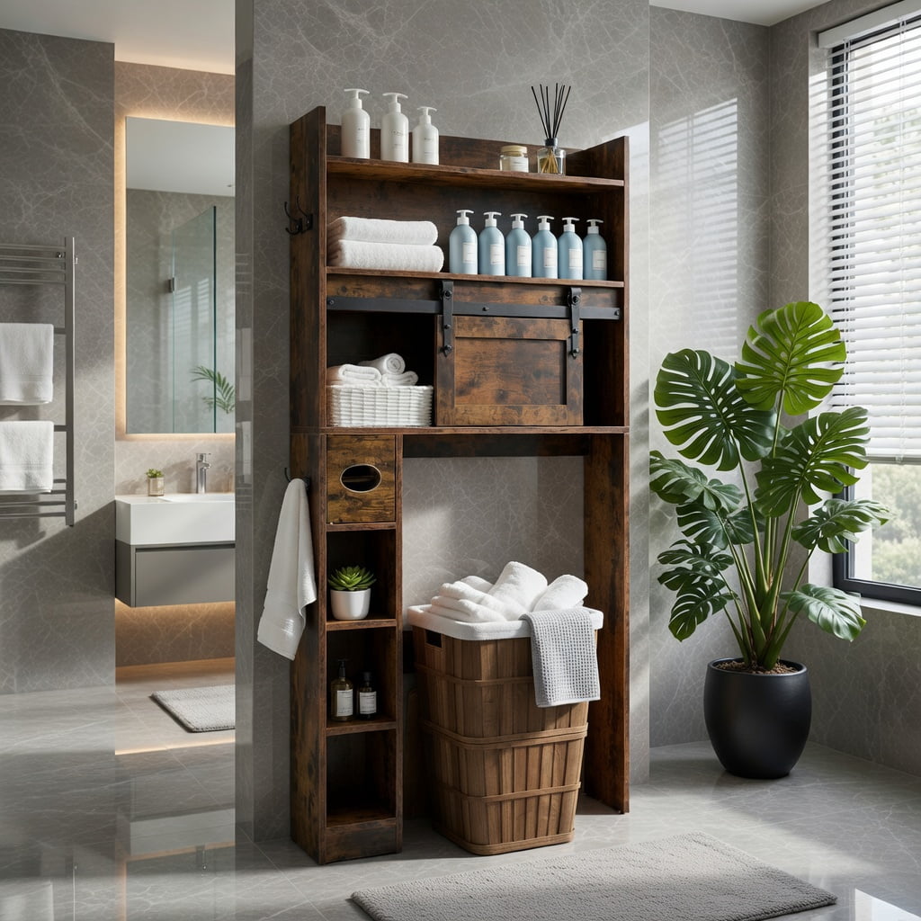 Hommoo Over-the-Toilet Storage Cabinet with Sliding Barn Door, Adjustable Shelves Bathroom Organizer for Small Spaces, Rustic Brown
