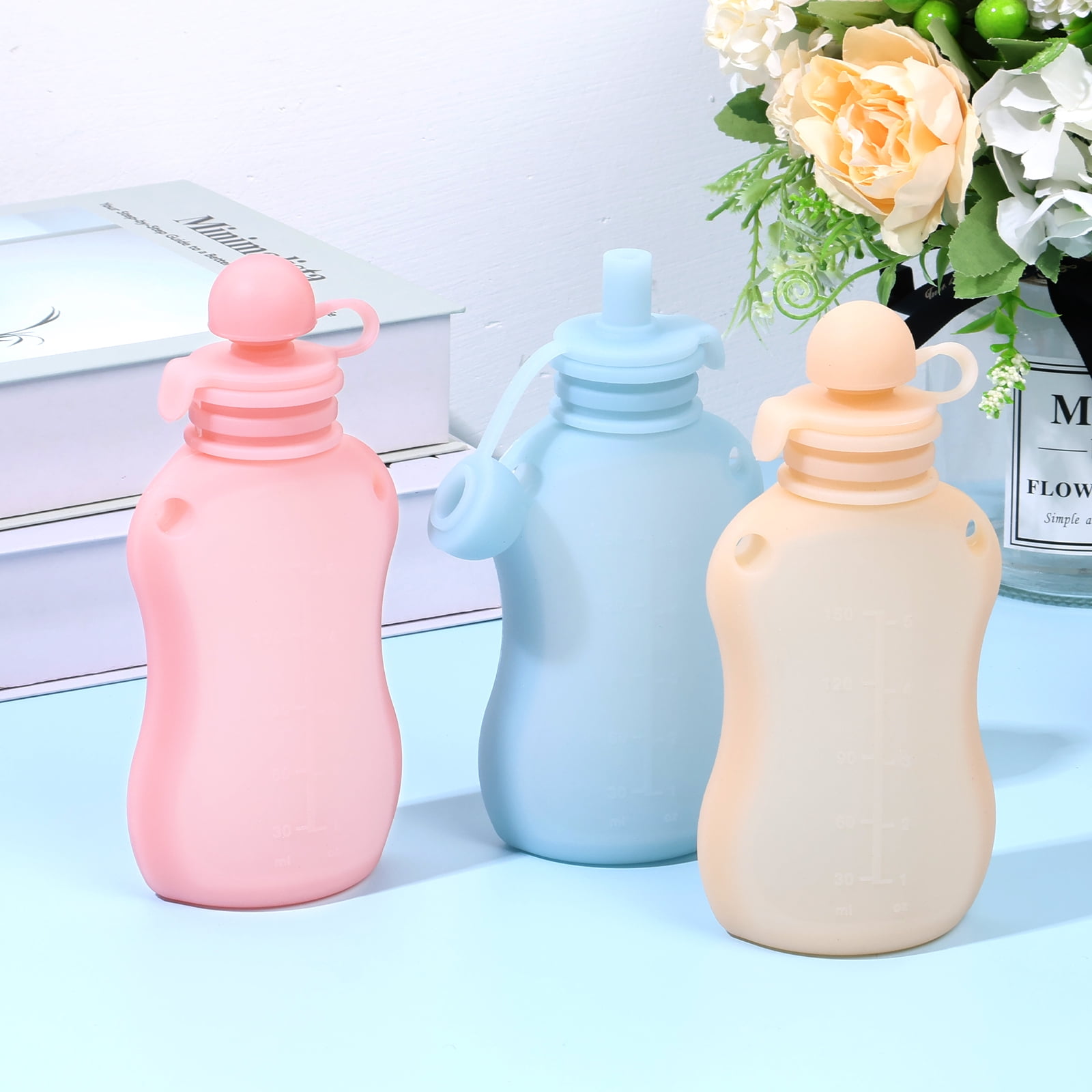 Vensio -3 Pack Silicone Baby Food Pouches 5oz, Reusable Refillable Squeeze Pouches for Toddlers with Straw Mouth, Leakproof Breast Milk and Puree Storage Bags