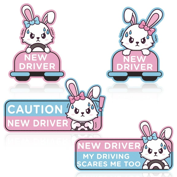Grobro7 Car Magnetic Stickers-Pink Rabbits with New Driver Sign, 4 Design rectangle Stickers for Car Truck Decor